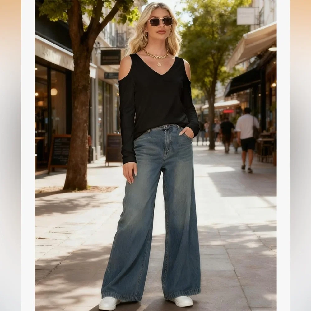 🆕 Cold-Shoulder V-Neck Long Sleeve Top - Black - Picture 4 of 8